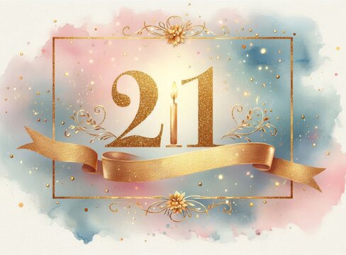 Elegant 21st birthday card with gold accents, candle, ribbon, and dreamy watercolor background