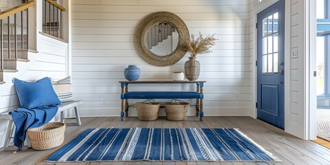 Seaside Charm Coastal Entryway with Shiplap Walls and Blue Accents. Concept Coastal Design, Seaside Inspiration, Shiplap Walls, Blue Accents, Entryway Decor