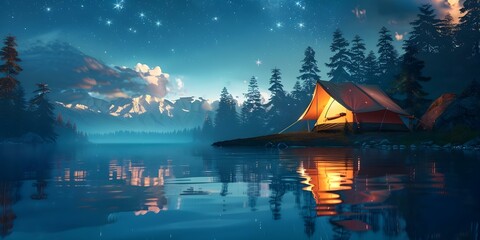 Obraz premium Illustration of a camping tent by a lake under a starry sky. Concept Camping, Tent, Lake, Starry Sky, Illustration