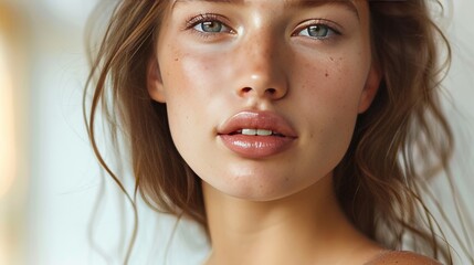 Fototapeta premium beautiful woman, brown hair, botox injections to her lips, treatment, 16:9