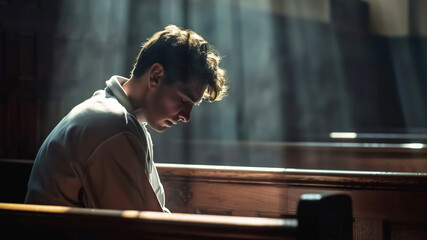 A man sits alone in a church pew, head bowed, bathed in sunlight through the windows. The scene exudes serenity, faith, and contemplation in the sacred interior