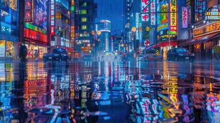 Obraz premium Luminescent neon lights reflecting in rain-soaked city streets at dusk