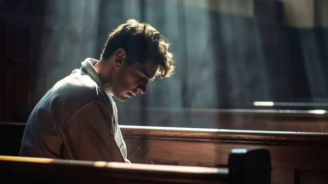 A man sits alone in a church pew, head bowed, bathed in sunlight through the windows. The scene exudes serenity, faith, and contemplation in the sacred interior