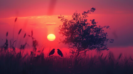 Obraz premium Two birds are perched on a tree in a field with a sunset in the background