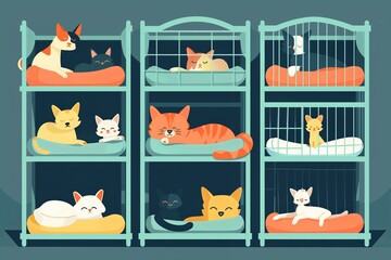 A detailed art of cute cats relaxing in cozy cages at an animal shelter, waiting for adoption. Illustration depicts a safe and comfortable environment for the felines
