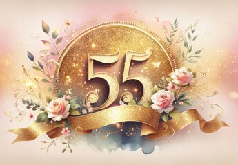 Elegant golden 55th anniversary or birthday celebration design with roses and floral details.