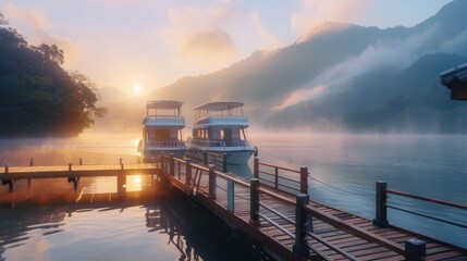 Yacht or ship dock at the pier surround scenic view of mountain in the mist and sunrise at Sun moon