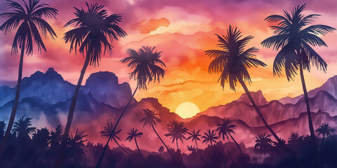 Obraz premium minimalist coconut tree in sunset watercolor background