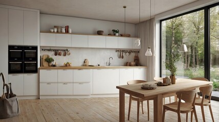 Scandinavian kitchen design interior featuring minimalist white cabinetry, light wooden countertops, and sleek modern appliances, open shelving, bar stools, dining table, wooden chairs, large windows