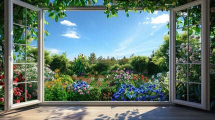 Naklejka premium A breathtaking view from a luxury room window overlooking a vibrant summer garden filled with blooming flowers and lush greenery, under a clear blue sky.
