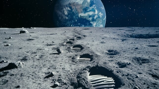 Footprints on the moon's surface with Earth in the background, symbolizing space exploration.