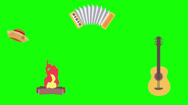 4 Ilustra&ccedil;&otilde;es de Festa Junina Animados  elementos isolados em fundo verde e alpha channel
