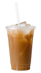 PNG A plastic disposable ice coffee glass with straw and blank white label drink juice milk.