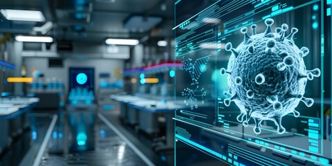 Modern holographic medical interface for virus diagnosis in futuristic healthcare setting. Concept Medical Technology, Futuristic Interface Design, Holographic Displays, Healthcare Innovation