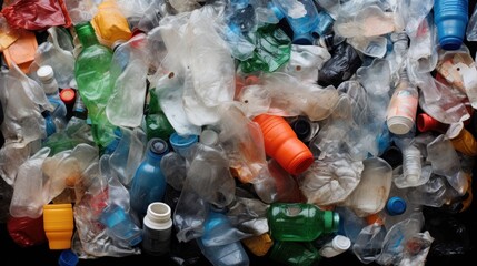 Top view: A pile of plastic bottles without colorful logos.