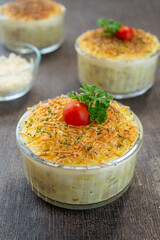 macaroni schotel. food made from macaroni, meat, cheese, milk and other ingredients cooked by baked