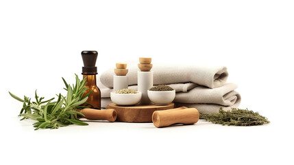 Equipment for herbal spa treatments and a compress made of herbs isolated on a white background