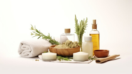Equipment for herbal spa treatments and a compress made of herbs isolated on a white background