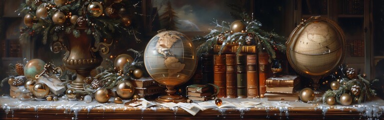 Festive still life featuring globes, stacks of old books, and christmas decorations on a snow covered table, evoking a sense of wonder and holiday cheer