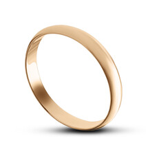 Gold ring on a white background. Isolation. Yellow gold engagement ring. Top view. 