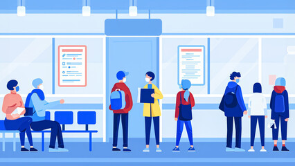 In a minimalist setting, characters in casual attire are depicted in a modern waiting area engaging in various activities, creating a lively social interaction scene