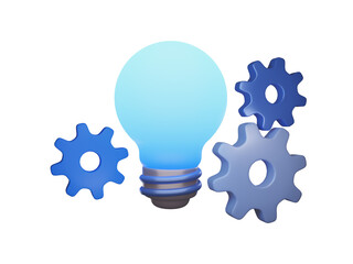A glowing blue light bulb surrounded by blue gears on a transparent background.