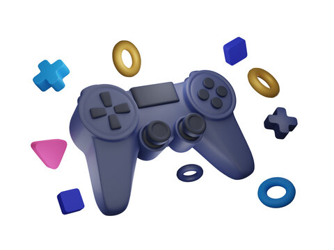 3D illustration of a game controller with floating geometric shapes on a transparent background.