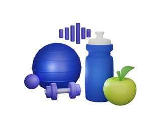 Fitness equipment including a water bottle, dumbbell, exercise ball, and an apple.