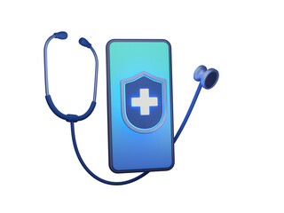 A stethoscope and a smartphone with a medical cross symbol on the screen, representing telemedicine.