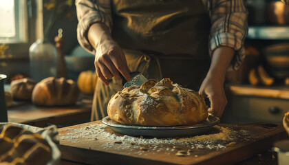 A man is holding a loaf of bread with a sprinkle of sugar on top