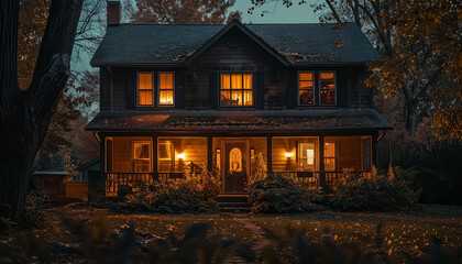 Fototapeta premium A house with a porch lit up with lights and a pumpkin on the porch