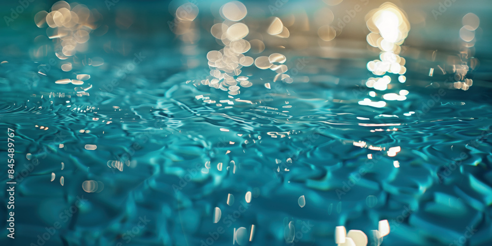 Poster abstract background with blurry lights on pool water. caustics and bokeh. created with generative ai