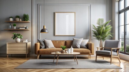 Fototapeta premium Frame mockup, ISO A paper size. Living room wall poster mockup. Modern interior design. 3D render