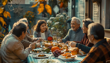 A family is gathered around a table with a large turkey