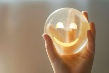 Good feedback rating and a favorable customer review, hand holding with a happy smiley face emoji.