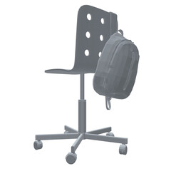 Polygonal model of a backpack hanging on a chair isolated on a white background. Vector illustration. 3D. Grey colour.