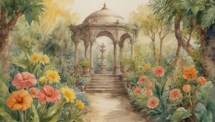 A picture of a paradise garden, full of flowers and plants, made with water paints