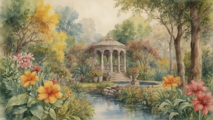 A picture of a paradise garden, full of flowers and plants, made with water paints
