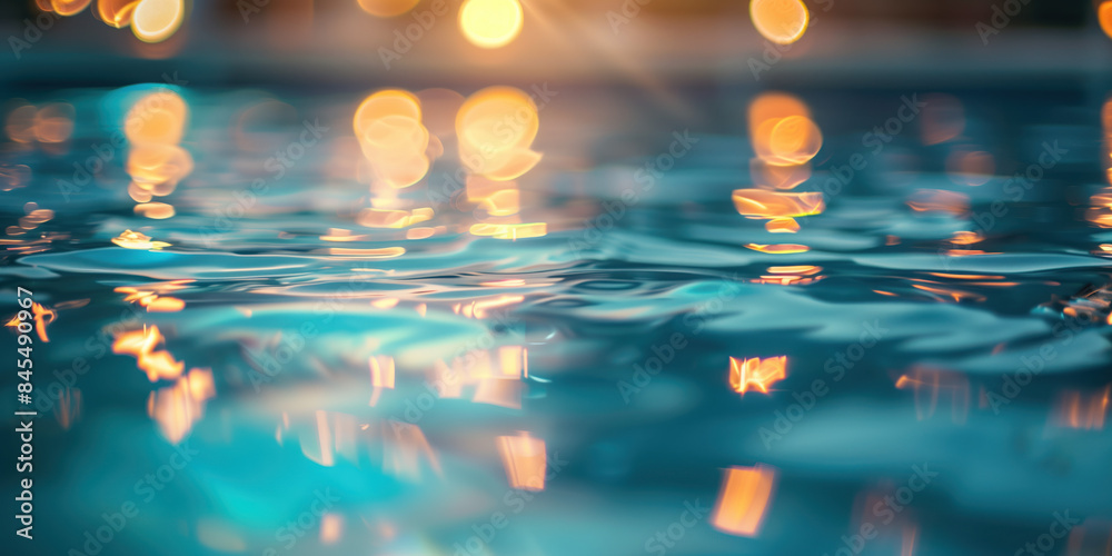 Poster abstract background with blurry lights on pool water. caustics and bokeh. created with generative ai