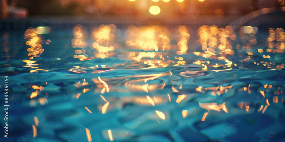 Poster abstract background with blurry lights on pool water. caustics and bokeh. created with generative ai