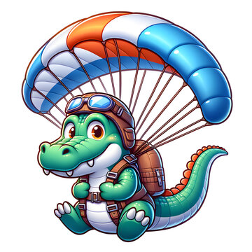 recommend clip art: Cartoon illustration (PNG 300 dpi), Crocodile is skydiving by parachute !