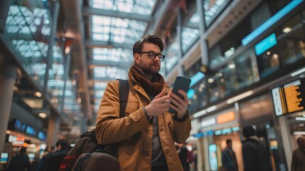 Fototapeta premium Business Traveler Communicating with Translation App at Foreign Airport Terminal