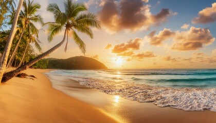Picturesque tropical beach at sunset, with palm trees, golden sand and calm blue sky