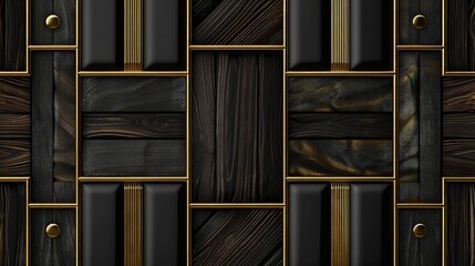 3D wallpaper featuring a seamless realistic texture of dark walnut wood, matte gold accents, black leather panels, and thin golden stripes, creating a luxurious and sophisticated atmosphere.