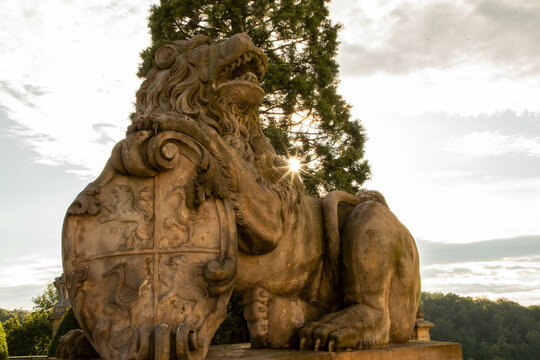 Statue of a lion at Książ Castle (german: Schloss F&uuml;rstenstein). The castle is located in northern Wałbrzych in Lower Silesian Voivodeship, Poland.