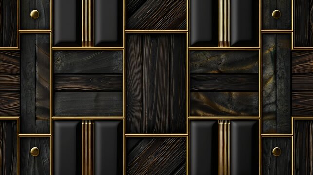 Fototapeta 3D wallpaper featuring a seamless realistic texture of dark walnut wood, matte gold accents, black leather panels, and thin golden stripes, creating a luxurious and sophisticated atmosphere.