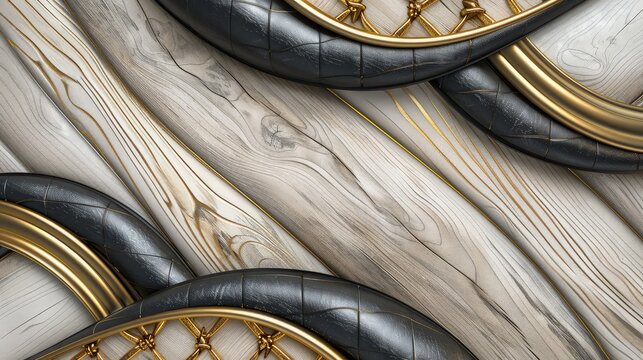 3D wallpaper incorporating bleached oak wood, matte gold filigree, soft black leather, and intricate golden stripes, creating a seamless and elegant wall decor. - Powered by Adobe