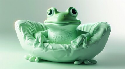 Fototapeta premium A baby couch designed as a mint green frog, on a white background with light green lighting to highlight its friendly eyes and wide smile.