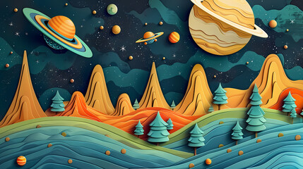 Naklejka premium Space posters cartoon alien characters spaceship,paper style