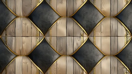 3D wallpaper incorporating bleached oak wood, matte gold filigree, soft black leather, and intricate golden stripes, creating a seamless and elegant wall decor.